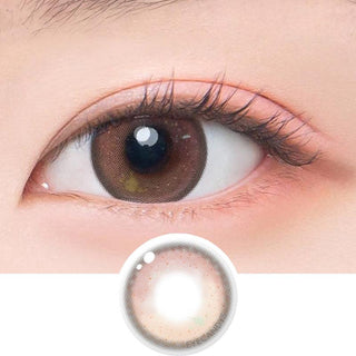 Macro shot of an eye wearing the DooNoon Jinju Beads 1-Day Brown (10pk) prescription colour contact lens, showing the multi-colored detail and natural effect on dark brown eyes, with clean eye makeup. At the bottom is the pattern of the colored lens design, showing the dotted detail and pigmentation.