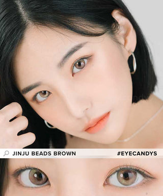 Model showcasing the natural look using DooNoon Jinju Beads 1-Day Brown (10pk) prescription color contacts, above a closeup of a pair of eyes transformed by the color contact lenses