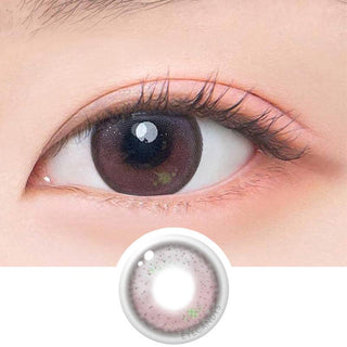 Macro shot of an eye wearing the DooNoon Jinju Beads 1-Day Burgundy (10pk) prescription colour contact lens, showing the multi-colored detail and natural effect on dark brown eyes, with clean eye makeup. At the bottom is the pattern of the colored lens design, showing the dotted detail and pigmentation.