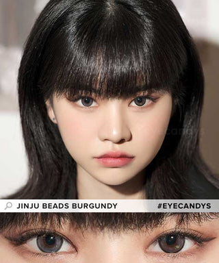 Model showcasing the natural look using DooNoon Jinju Beads 1-Day Burgundy (10pk) prescription color contacts, above a closeup of a pair of eyes transformed by the color contact lenses