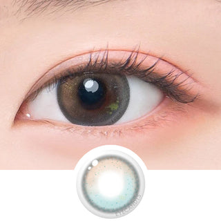 Macro shot of an eye wearing the DooNoon Jinju Beads 1-Day Grey (10pk) prescription colour contact lens, showing the multi-colored detail and natural effect on dark brown eyes, with clean eye makeup. At the bottom is the pattern of the colored lens design, showing the dotted detail and pigmentation.