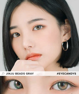 Model showcasing the natural look using DooNoon Jinju Beads 1-Day Grey (10pk) prescription color contacts, above a closeup of a pair of eyes transformed by the color contact lenses