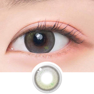 Macro shot of an eye wearing the DooNoon Jinju Beads 1-Day Olive (10pk) prescription colour contact lens, showing the multi-colored detail and natural effect on dark brown eyes, with clean eye makeup. At the bottom is the pattern of the colored lens design, showing the dotted detail and pigmentation.