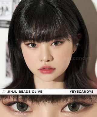 Model showcasing the natural look using DooNoon Jinju Beads 1-Day Olive (10pk) prescription color contacts, above a closeup of a pair of eyes transformed by the color contact lenses