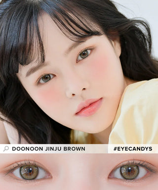 Model showcasing the natural look using DooNoon Jinju 1-Day Brown (10pk) prescription color contacts, above a closeup of a pair of eyes transformed by the color contact lenses