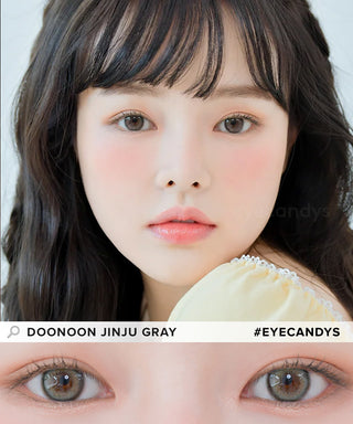 Model showcasing the natural look using DooNoon Jinju 1-Day Grey (10pk) prescription color contacts, above a closeup of a pair of eyes transformed by the color contact lenses