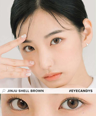 Model showcasing the natural look using DooNoon Jinju Shell 1-Day Brown (10pk) prescription color contacts, above a closeup of a pair of eyes transformed by the color contact lenses