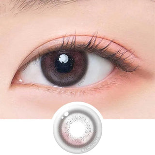 Macro shot of an eye wearing the DooNoon Jinju Shell 1-Day Burgundy (10pk) prescription colour contact lens, showing the multi-colored detail and natural effect on dark brown eyes, with clean eye makeup. At the bottom is the pattern of the colored lens design, showing the dotted detail and pigmentation.