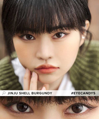 Model showcasing the natural look using DooNoon Jinju Shell 1-Day Burgundy (10pk) prescription color contacts, above a closeup of a pair of eyes transformed by the color contact lenses