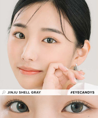 Model showcasing the natural look using DooNoon Jinju Shell 1-Day Grey (10pk) prescription color contacts, above a closeup of a pair of eyes transformed by the color contact lenses