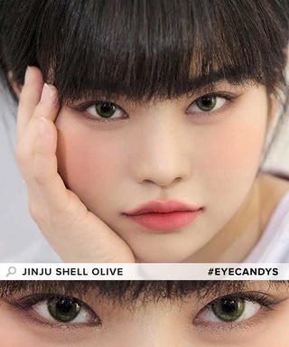 Model showcasing the natural look using DooNoon Jinju Shell 1-Day Olive (10pk) prescription color contacts, above a closeup of a pair of eyes transformed by the color contact lenses