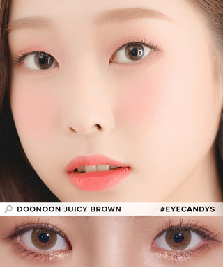 Model showcasing the natural look using DooNoon Juicy 1-Day Brown (10pk) prescription color contacts, above a closeup of a pair of eyes transformed by the color contact lenses