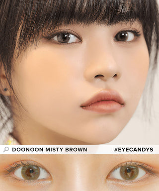 Model showcasing the natural look using DooNoon Misty Brown (20pk) prescription color contacts, above a closeup of a pair of eyes transformed by the color contact lenses