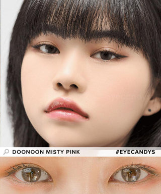 Model showcasing the natural look using DooNoon Misty Pink (20pk) prescription color contacts, above a closeup of a pair of eyes transformed by the color contact lenses