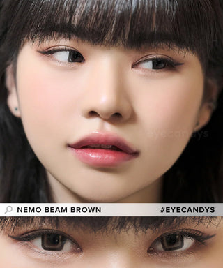 Model showcasing the natural look using DooNoon Nemo Square Beam Brown prescription color contacts, above a closeup of a pair of eyes transformed by the color contact lenses