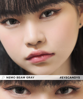 Model showcasing the natural look using DooNoon Nemo Square Beam Grey prescription color contacts, above a closeup of a pair of eyes transformed by the color contact lenses