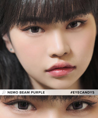Model showcasing a one-of-a-kind look using DooNoon Nemo Square Beam Purple prescription color contacts, above a closeup of a pair of eyes transformed by the color contact lenses