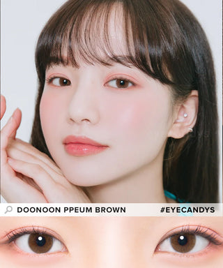 Model showcasing the natural look using DooNoon Ppeum 1-Day Brown (10pk) prescription color contacts, above a closeup of a pair of eyes transformed by the color contact lenses