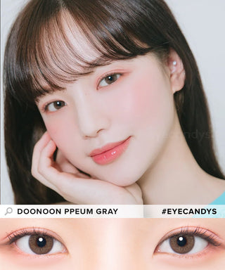 Model showcasing the natural look using DooNoon Ppeum 1-Day Grey (10pk) prescription color contacts, above a closeup of a pair of eyes transformed by the color contact lenses