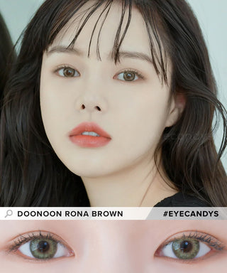 Model showcasing the natural look using DooNoon Rona 1-Day Brown (10pk) prescription color contacts, above a closeup of a pair of eyes transformed by the color contact lenses