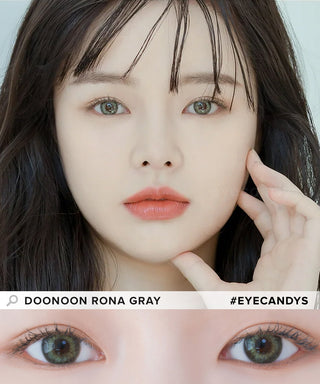 Model showcasing the natural look using DooNoon Rona 1-Day Grey (10pk) prescription color contacts, above a closeup of a pair of eyes transformed by the color contact lenses