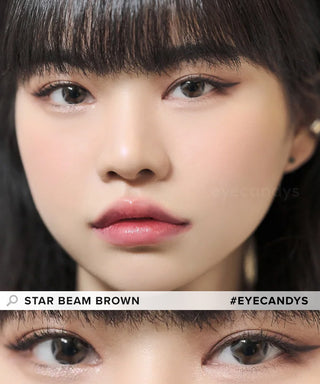 Model showcasing the natural look using DooNoon Nemo Star Beam Brown prescription color contacts, above a closeup of a pair of eyes transformed by the color contact lenses