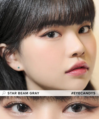 Model showcasing the natural look using DooNoon Nemo Star Beam Grey prescription color contacts, above a closeup of a pair of eyes transformed by the color contact lenses