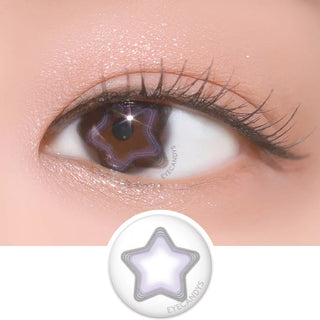 Macro shot of an eye wearing the DooNoon Nemo Star Beam Purple prescription colour contact lens, showing the multi-colored detail and natural effect on dark brown eyes, with clean eye makeup. At the bottom is the pattern of the colored lens design, showing the dotted detail and pigmentation.