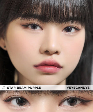 Model showcasing the natural look using DooNoon Nemo Star Beam Purple prescription color contacts, above a closeup of a pair of eyes transformed by the color contact lenses