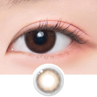 Macro shot of an eye wearing the DooNoon Touch Brown prescription colour contact lens, showing the multi-colored detail and natural effect on dark brown eyes, with clean eye makeup. At the bottom is the pattern of the colored lens design, showing the dotted detail and pigmentation.