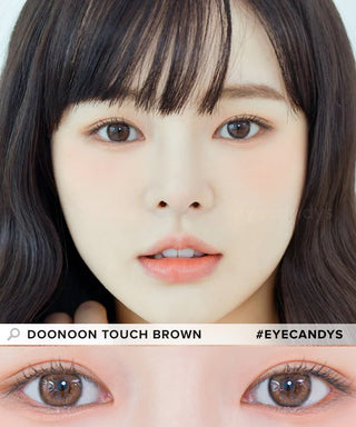Model showcasing the natural look using DooNoon Touch Brown prescription color contacts, above a closeup of a pair of eyes transformed by the color contact lenses