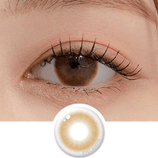 Macro shot of an eye wearing the DooNoon Touch Hazel prescription colour contact lens, showing the multi-colored detail and natural effect on dark brown eyes, with clean eye makeup. At the bottom is the pattern of the colored lens design, showing the dotted detail and pigmentation.