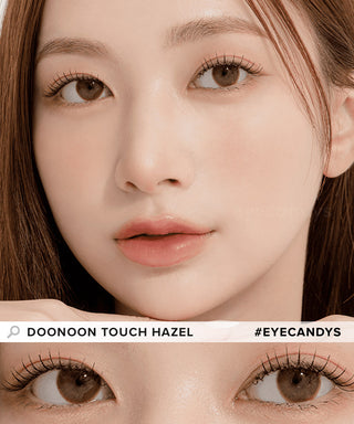 Model showcasing the natural look using DooNoon Touch Hazel prescription color contacts, above a closeup of a pair of eyes transformed by the color contact lenses