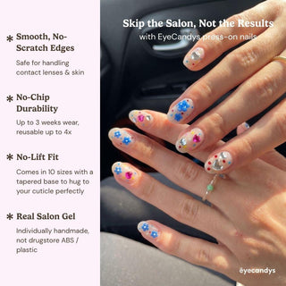A hand with Dot Cake Press-On Nails by EyeCandys is held in sunlight. Text highlights the handmade gel manicure: smooth edges, chip-resistant, reusable nails with a secure fit. Brand and key benefits are showcased.