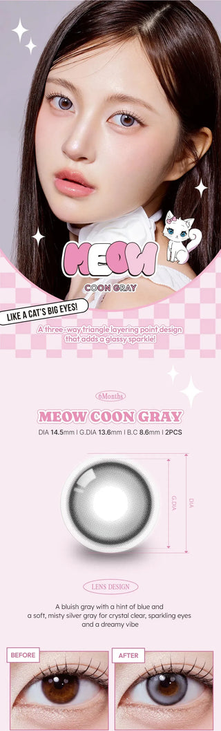 A collage of images showcasing the Olala Meow Coon Grey colored contacts including a model image, close up lens details and close up eye model.