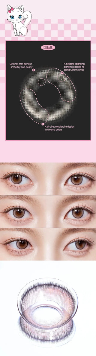 A collage of images showcasing the Olala Meow Kitten Beige colored contacts including a close up lens details and close up eye model and a flatlay image of the lens