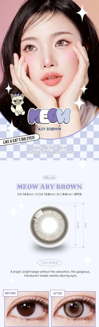 A collage of images showcasing the Olala Meow Aby Brown colored contacts including a model image, close up lens details and close up eye model.