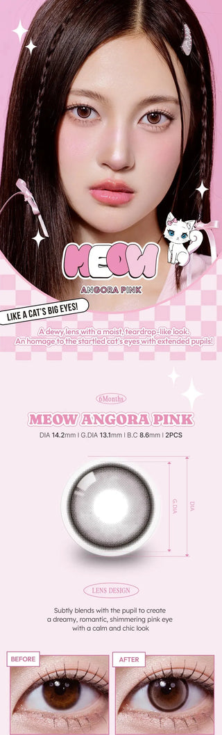 A collage of images showcasing the Olala Meow Angora Pink colored contacts including a model image, close up lens details and close up eye model.