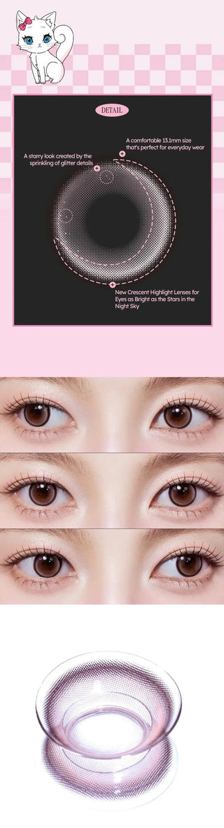 A collage of images showcasing the Olala Meow Angora Pink colored contacts including a close up lens details and close up eye model and a flatlay image of the lens