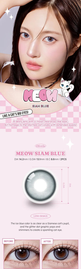 A collage of images showcasing the Olala Meow Siam Blue colored contacts including a model image, close up lens details and close up eye model.