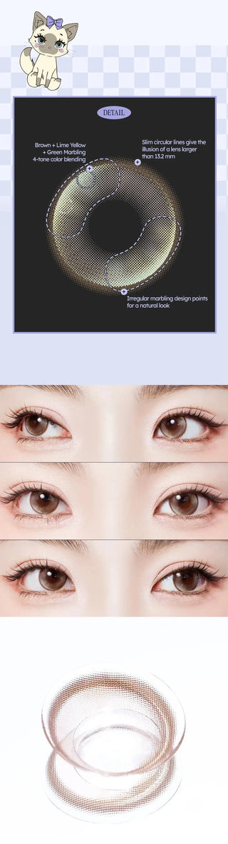 A collage of images showcasing the Olala Meow Savannah Brown colored contacts including a close up lens details and close up eye model and a flatlay image of the lens