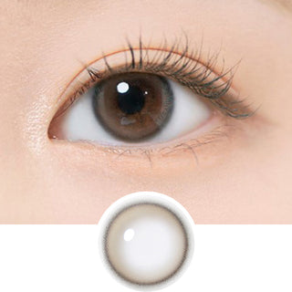 Close-up view of the i-DOL Eyeis Ash Brown coloured contact lenses on a woman's eye