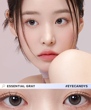 Model showcasing a Korean-beauty look using Eyeis Essential Grey prescription contact lenses color, above a closeup showing how well the circle lenses define her dark eyes.