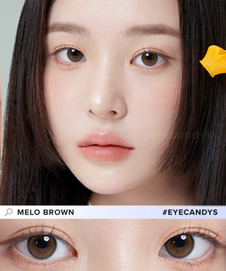 Model showcasing a Korean-beauty look using Eyeis Melo Brown prescription contact lenses color, above a closeup showing how well the circle lenses define her dark eyes.