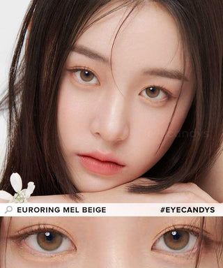 Model showcasing the natural look using Euroring Mel Beige prescription colored contact lenses, above a closeup of a pair of eyes transformed by the grey contacts