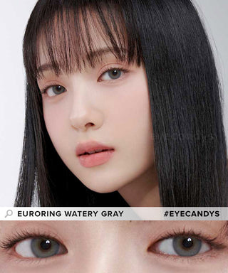 Model showcasing the natural look using Euroring Watery Grey prescription colored contact lenses, above a closeup of a pair of eyes transformed by the grey contacts