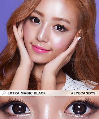 Female model wearing Extra Magic Black circle contact lenses with complementary shimmery eye makeup, above a close-up of her naturally small eyes enhanced with black circle lenses.