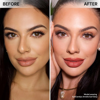 Before and after of model’s face wearing EyeCandys Amelie Earl Grey prescription colored contact lenses, showing soft and natural grey eye transformation