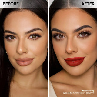 Before and after of model’s face wearing EyeCandys Amelie Sakura Jelly Pink prescription colored contact lenses, showing soft pink eye enhancement with a natural look