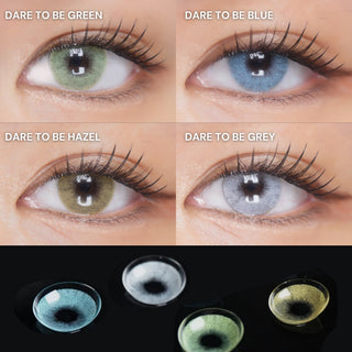 Four close-up eye images demonstrating green, blue, hazel, and grey Dare To Be colored contact lenses with natural-looking pigmentation, plus product lenses displayed underneath.